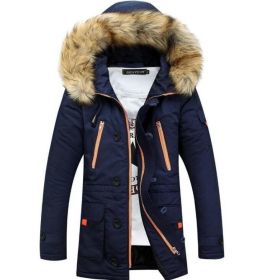 Men Coat Jacket Faux Fur Hooded Cotton Padded Parka Outerwear and Coats (Color: Navy  Blue, size: L)