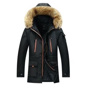Men's winter thickened cotton parka coat mid-length cotton hooded cotton jacket solid color middle-aged and elderly coat (Color: Black, size: S)